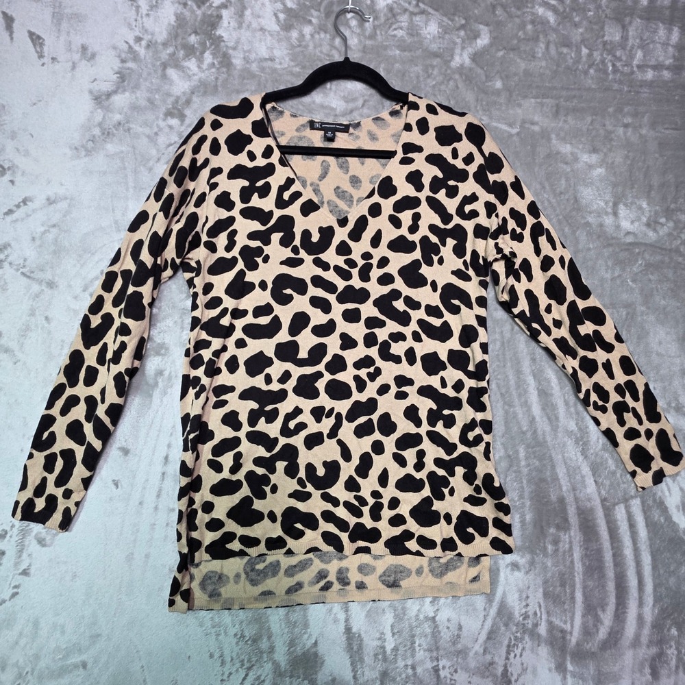 INC International Concepts Womens Leopard Print V-Neck High Low Sweater XS Tan